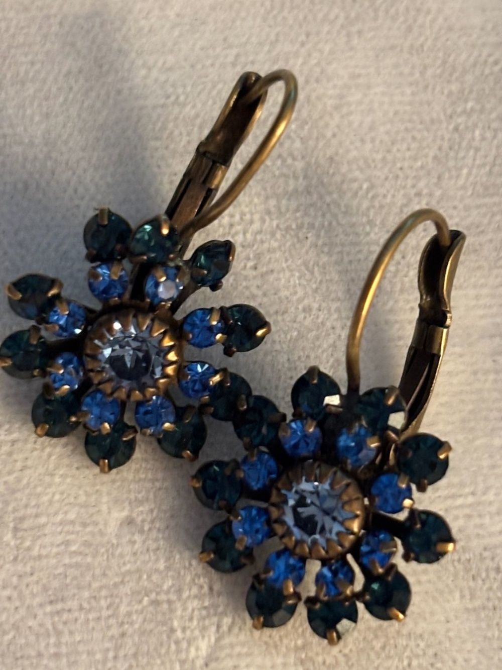 Vintage Blue Rhinestone Floral Starburst Leverback Earrings